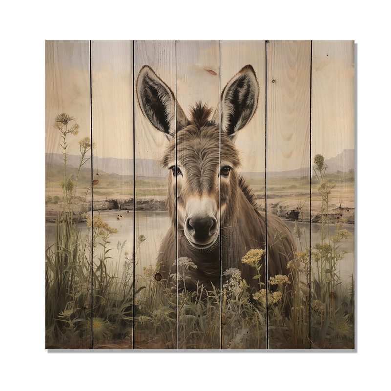 Farmhouse Donkey In Field III - âne sur bois, H 15 po x l 15 po