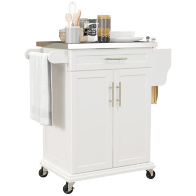 Chariot de rangement utilitaire sur roulettes - Blanc crème, comptoir en acier inoxydable et îlot de cuisine blanc avec tiroir, porte-serviettes, étagère à épices