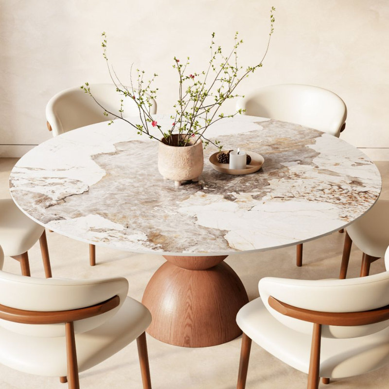 Table de salle à manger ronde Conlon 47 po pour 4 personnes, plateau en pierre résistant aux égratignures et base en bois massif