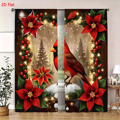 2 Pack Christmas Cardinal Bird Window Curtains Winter Holiday Poinsettia Floral Print Drapes Decorative Fabric Panels for Living Room Bedroom Seasonal Home Decor