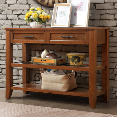 Console en bois massif avec 2 tiroirs de rangement et tablettes à niveaux, buffet Mid-Century pour le salon, la cuisine, le vestibule, le couloir, le vestibule au fini brun