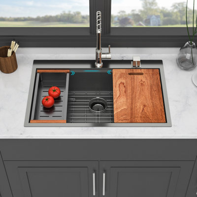 Drop In Kitchen Sink, Gunmetal Black Kitchen Sink Topmount Single Bowl 16 Gauge Stainless Steel Ledge Workstation Kitchen Sinks