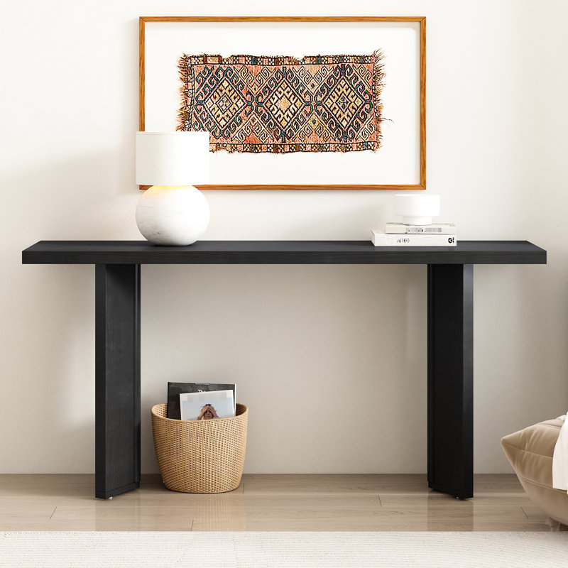 Élégante console avec placage de pin et pieds géométriques, idéale pour le salon, le bureau et la salle à manger, Noir