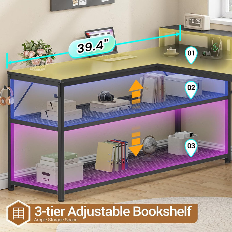 67" L Shaped Desk With Drawers, Computer Office Desk With Storage Shelves & Power Outlet, Reversible Gaming Desks With Led Lights For Home Office