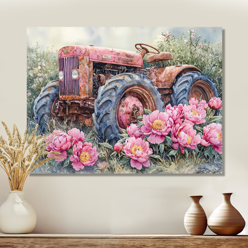 Pivoines par le vieux tracteur VI - pivoines, art mural, H 30 po x l 40 po, Toile tendue, Ne s’applique pas