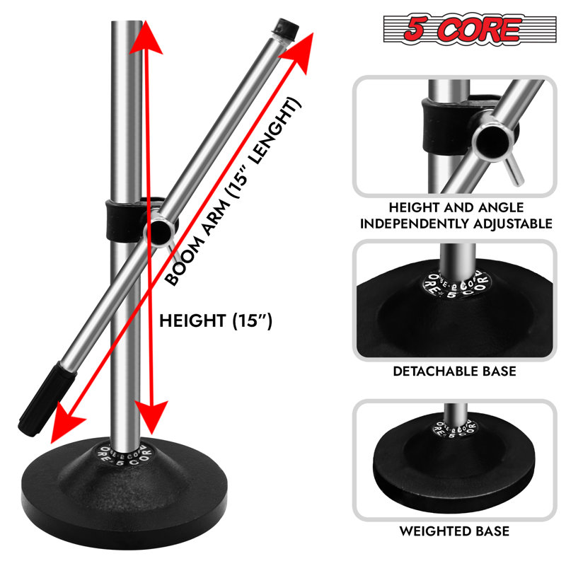 5 Core Desk Microphone Stand Height and Angle Adjustable Desktop Mic Stand Table Mic Holder with Round Metal Base