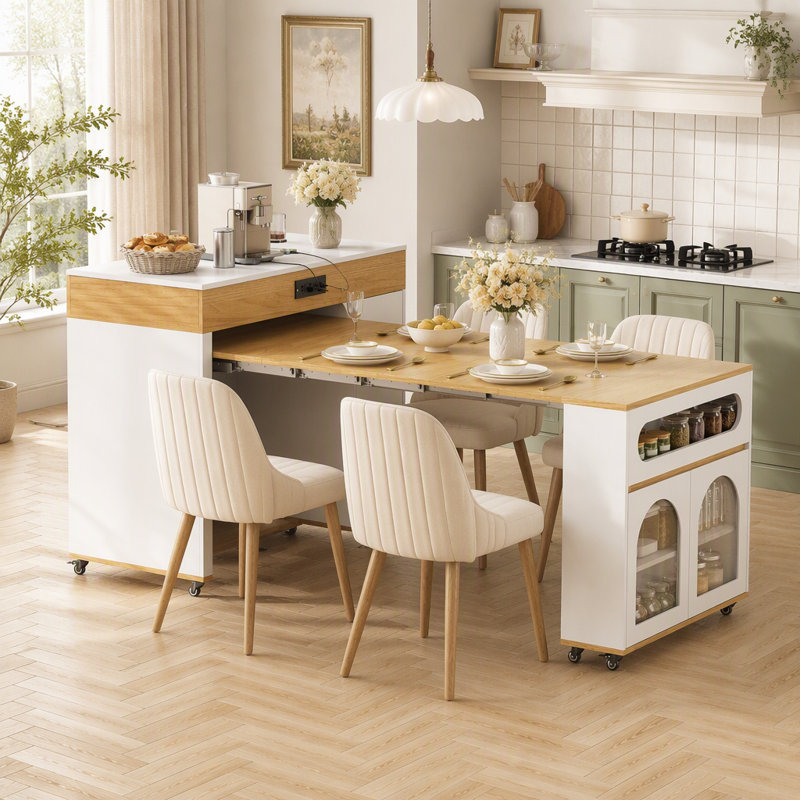 Table de salle à manger extensible avec plateau pliable extra-long, îlot de cuisine roulant avec tiroirs, prise de courant et verrou de frein, armoire de rangement pour la cuisine et la salle à manger (naturel et blanc crème)