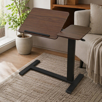 Height Adjustable Folding Overbed Table with Wheels, Mobile Rolling Laptop Stand with Tilting Tray, Walnut Wood Bedside Desk for Bed, Sofa, Living Room