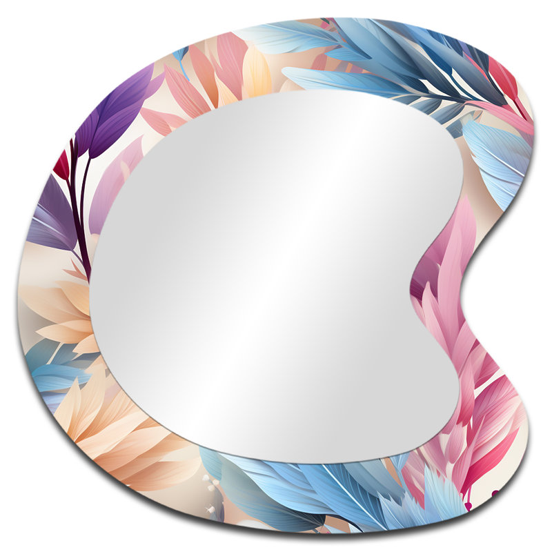Motif de fougères bohémiennes roses et bleues - miroir décoratif asymétrique floral, miroir mural de forme unique bleue, impression d'art en métal