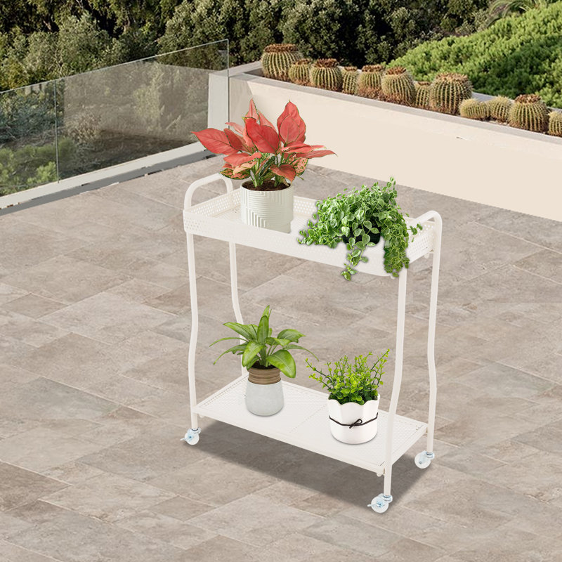 Support pour plante roulante à 2 niveaux, présentoir à fleurs en métal blanc avec roulettes