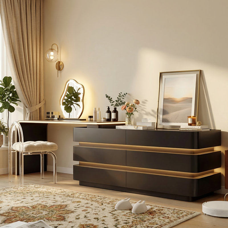 Bureau de meuble-lavabo moderne à DEL avec grands tiroirs de rangement, meuble-lavabo à plateau en verre trempé extensible de 45,12 po à 96 po, coiffeuse en L ou droite, sans assemblage requis