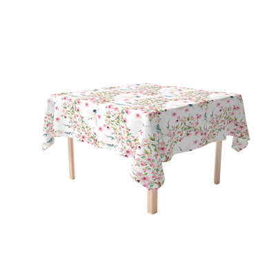 Square Tablecloth, 100% Cotton, 52X52", Cranes & Pink Flowers