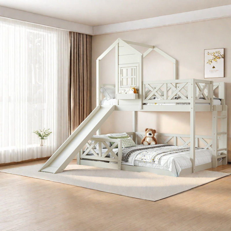Lit simple au-dessus de double avec glissade, panneau de fibres à densité moyenne en bois, maisonnette moderne pour la maison