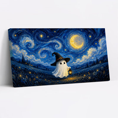 Adorable fantôme portant un chapeau de sorcière et tenant une lanterne, sur une toile murale d'Halloween aux motifs tourbillonnants.
