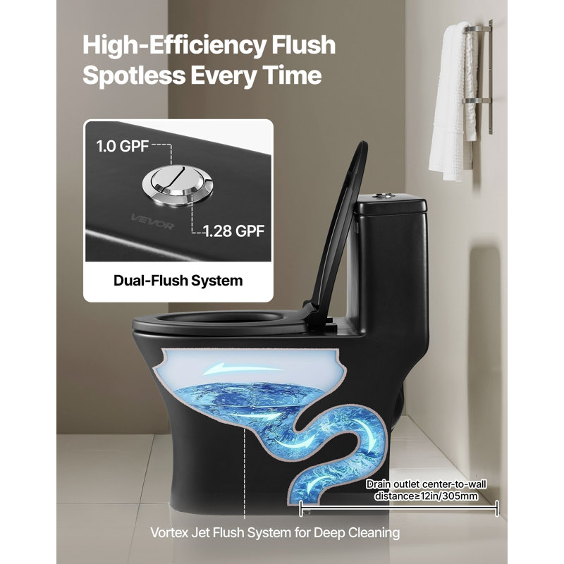 One-Piece Toilet, Elongated Toilet Vortex Dual-Flush 1.0/1.28 GPF, Toilets For Bathroom With Comfortable Chair Seat, Standard Height, Easy-Clean Skirted Design, 12 Inch Rough-In, Black + Silver