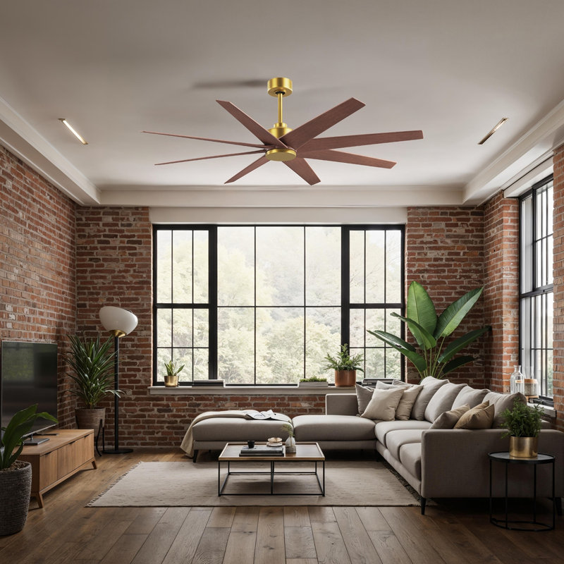 Ariella - Eight Blade Ceiling Fan - Brushed Brass Finish - Matte Black Blades, Walnut Tone, Brushed Brass