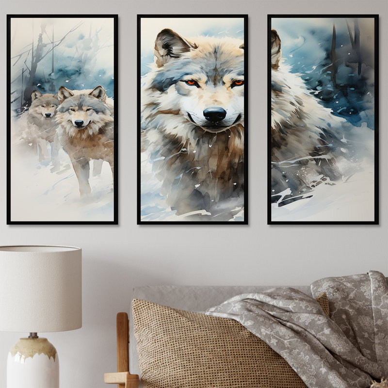 Neige loups en hiver I - loup, art mural, H 28 po x l 36 po, Cadre flottant noir