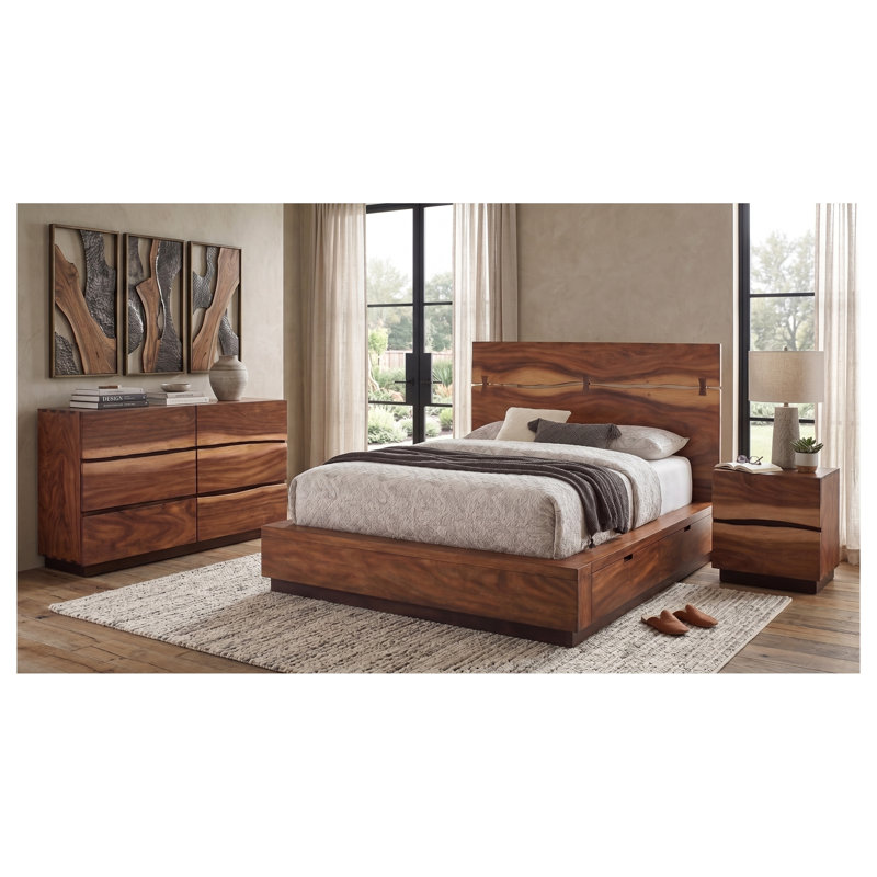 Ensemble de chambre à coucher 3 pièces Ashcombe en noyer fumé, format queen, comprenant un lit plateforme de rangement, une commode et une table de chevet.