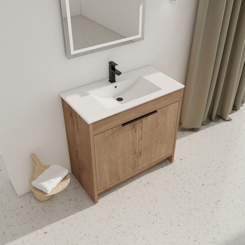 Addisun Single Bathroom Vanity Set, White, Imitative Oak, 36"