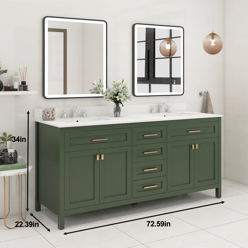 Meuble-lavabo autoportant à double cuve 72 po avec plateau en pierre reconstituée Nayson, Vert