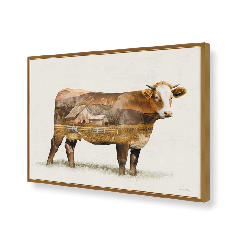 «Landscape Cow Fusion» par Amber Sterling, reproduction d'art, L 24 po x H 18 po, Impression encadrée, Doré