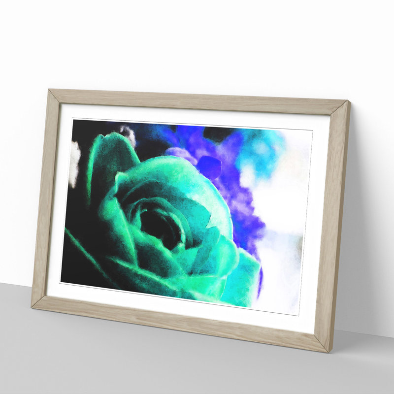 Teal Rose Flower - Picture Frame Graphic Art, 27cm H x 36cm W x 2cm D, Oak