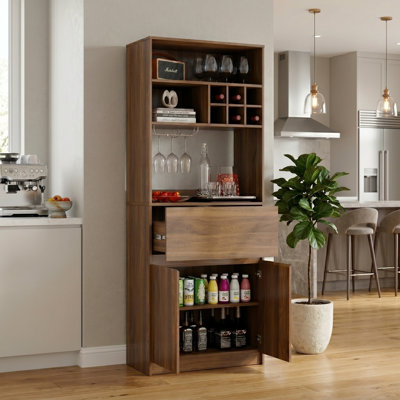 68" Kitchen Pantry With Wine Rack & Glass Hanger, Modern Buffet Cabinet, Brown Walnut
