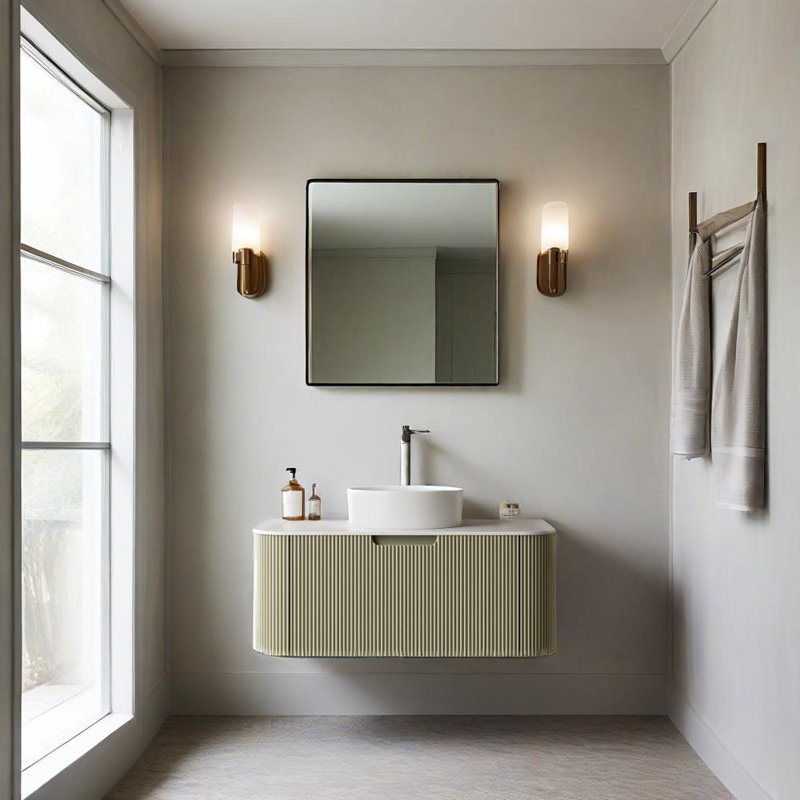 36" Modern Wall-Mounted Floating Bathroom Vanity With Sink,  Curved Edges Striped Bathroom Storage Cabinet With A Drawer, White Round Ceramic Basin Without Faucet, Pre-Assembled, Natural Wood
