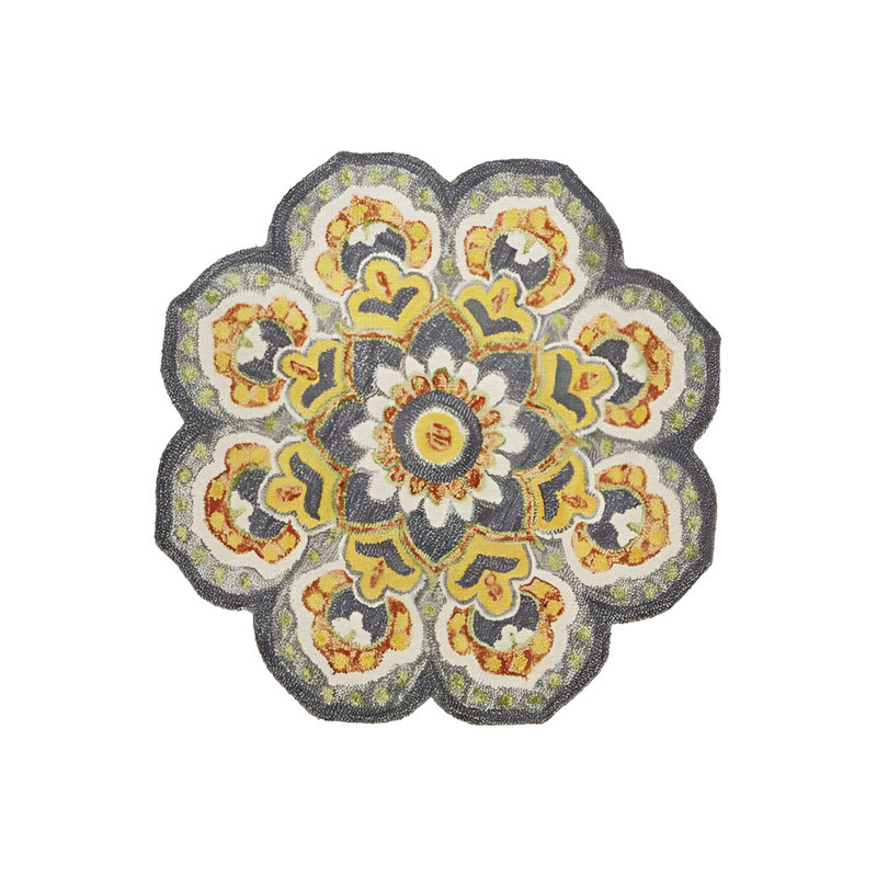 Yellow Blue Themed Multicolored Motif Pattern Vintage Woven Base Round Decorative Carpet, Novelty 5' x 5'