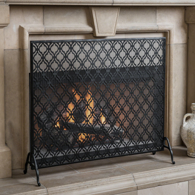 Pare-étincelles simple en fer de style moderne avec cercles superposés, noir, profondeur de produit de 40,16 po, largeur de 11,57 po, hauteur de 34,86 po, empêche les braises de s'envoler, assemblage inclus, finition noire, cercle