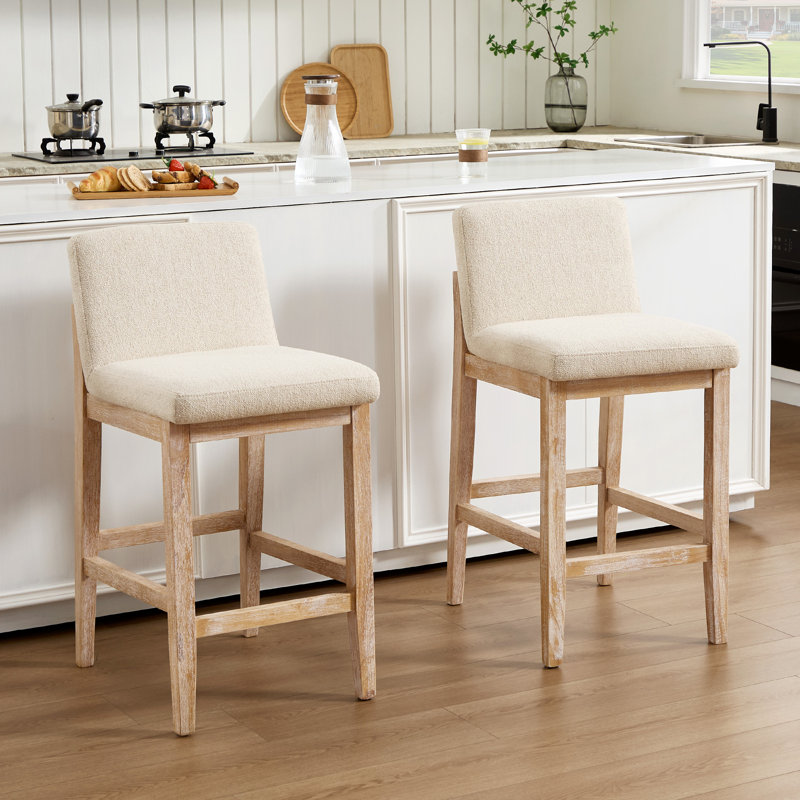 Howard Modern Farmhouse 26" H Linen Upholstered Counter Stool with Ergonomic Curved Back and Solid Wood Frame, Beige / Rustic