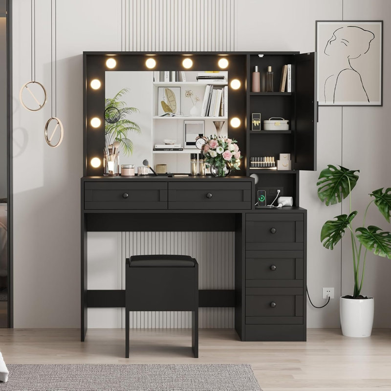 Makeup Vanity Set, Vanity Desk with Lighted Mirror& Charging Station, Makeup Vanity Desk with 5 Drawers& 3-Tier Cabinet, Dressing Table with Upholstered Stool, Wooden Vanity Table for Bedroom
