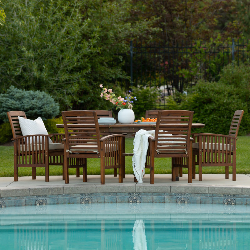 6 - Person Acacia Wood Patio Dining Set with Rectangular Table , Cushions Included, Dark Brown