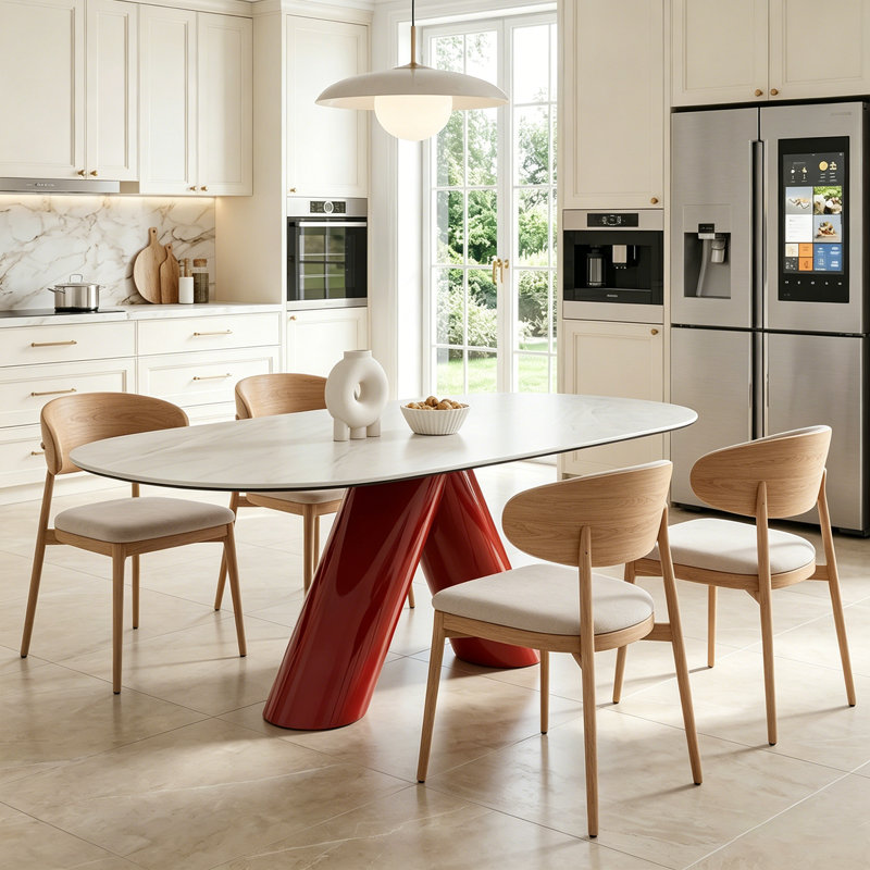 70.47" Modern Oval Marble Dining Table with Sculptural Red Stainless Steel Base for 6-8 People