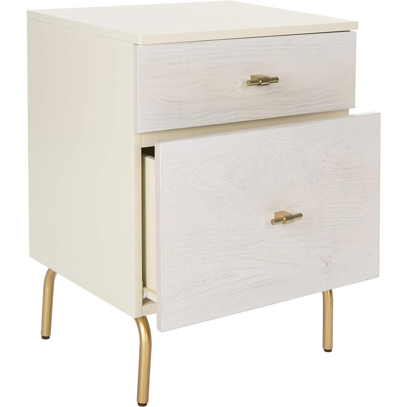 Elegant Linaris 18'' W Nightstand – Mid-Century Modern Rustic 2-Drawer Wood Table with Gold Handles, Cream/White Washed