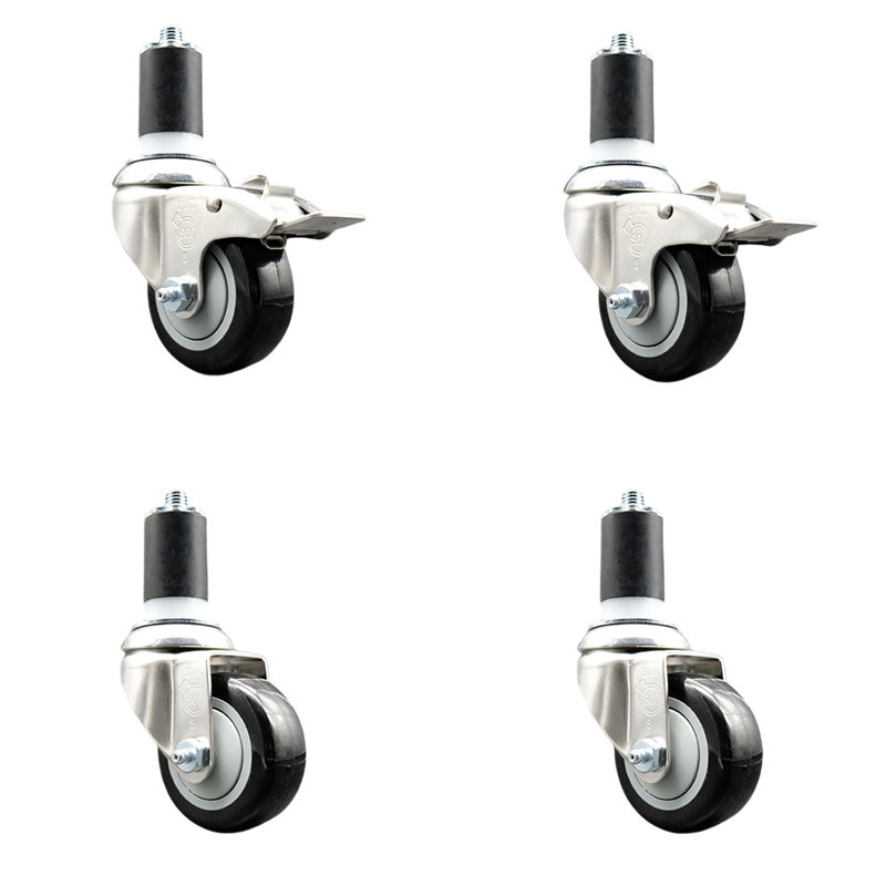 Ensemble de roulettes extensibles en polyuréthane pivotant à tige pivotante de 3 pouces en acier inoxydable de 1 pouce 5/8 pouces à 2 verrous