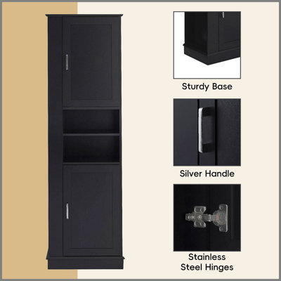 Grande armoire de rangement pour salle de bain, armoire de rangement autoportante avec crochet et tablette réglable, panneau de fibres à densité moyenne, noir