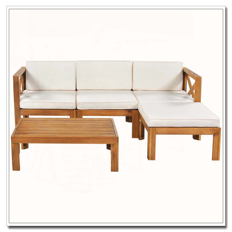 Ensemble de conversation modulaire 5 pièces avec coussins d'extérieur, Finition naturelle + coussins beiges