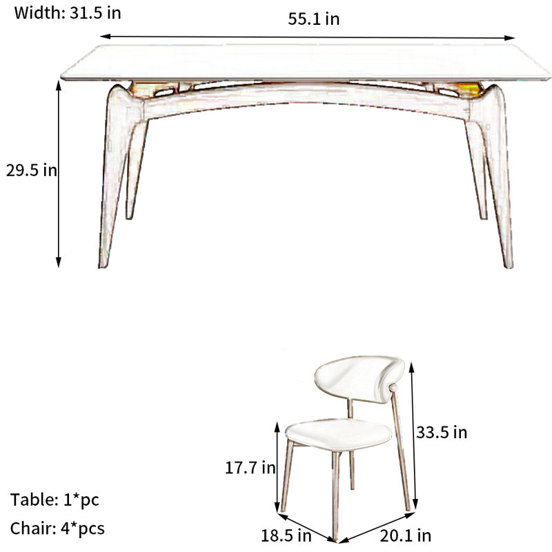 Ensemble de table de salle à manger moderne en chêne blanc ardoise, H 29,5 po x L 55,1 po x l 31,5 po