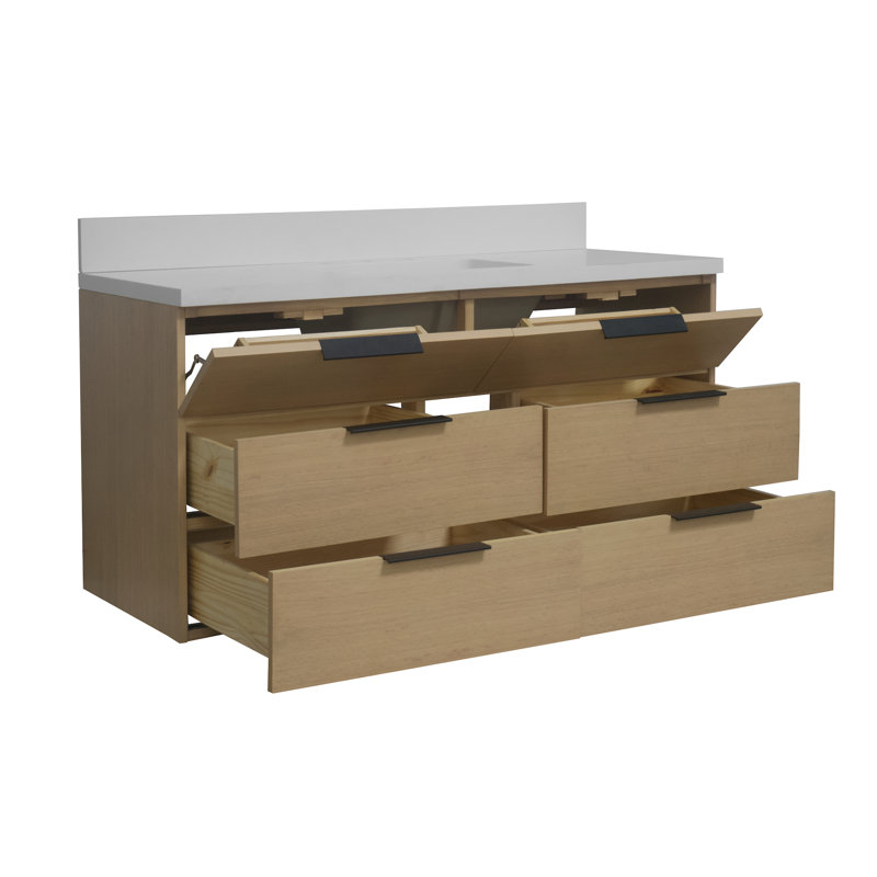 Ensemble de meuble-lavabo simple mural 48 po Mitchell, Bois blond, Quartz blanc mat