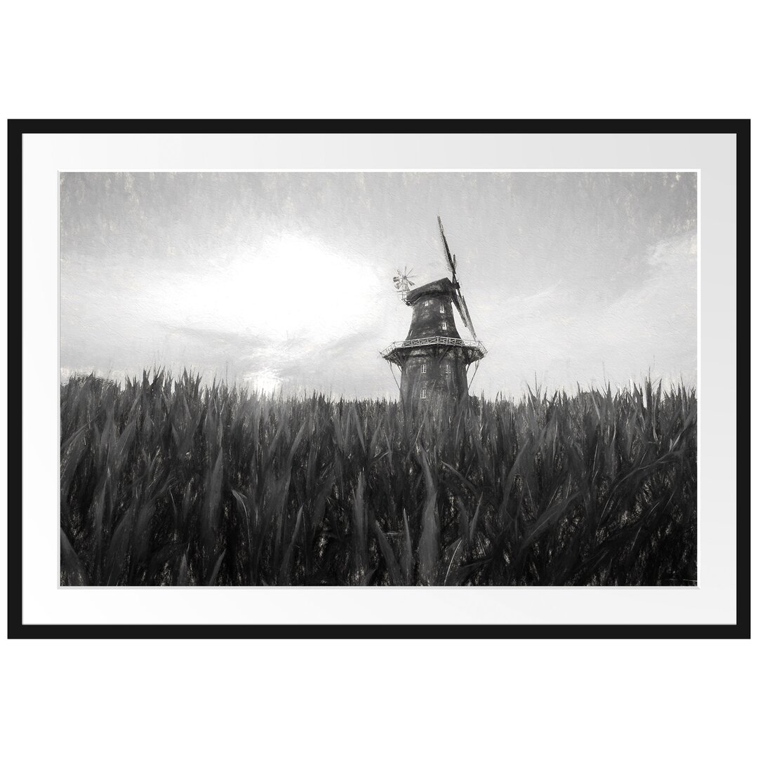 Gerahmtes Papierbild Windmühle auf dem Feld