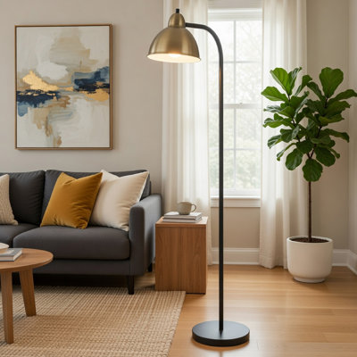 Floor Lamp, Vintage Style Dome Shade, Industrial Black And Antique Brass