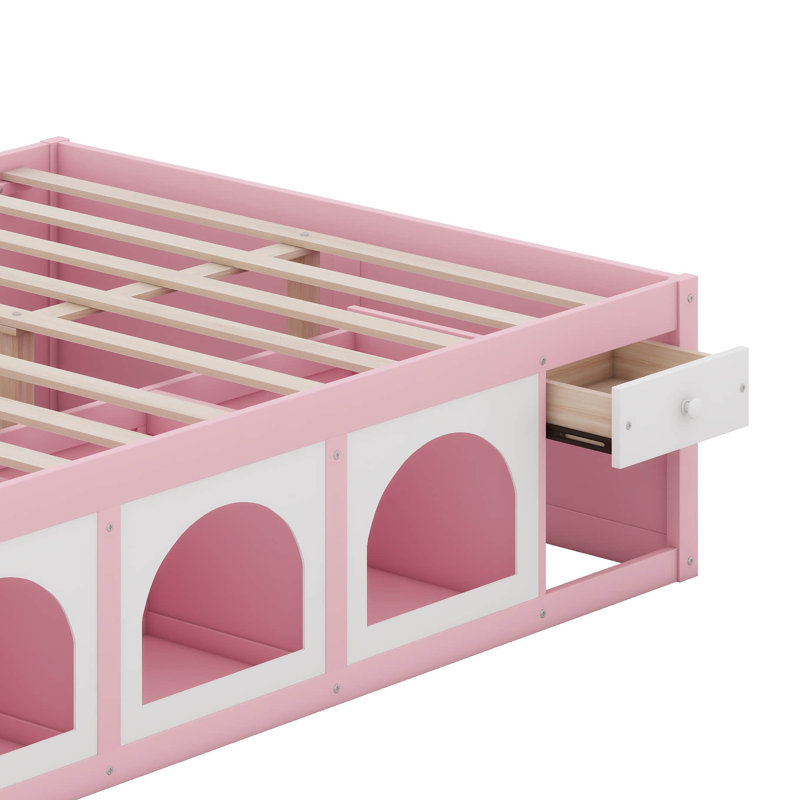 Grand lit plateforme en bois avec bibliothèque, présentoir et tiroir de rangement, lit de rangement multifonctionnel