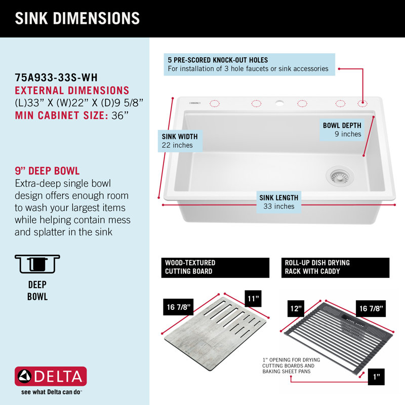 Delta Everest™ 33" L Granite Composite Workstation Kitchen Sink Drop-In Top Mount Single Bowl with WorkFlow™ Ledge, White
