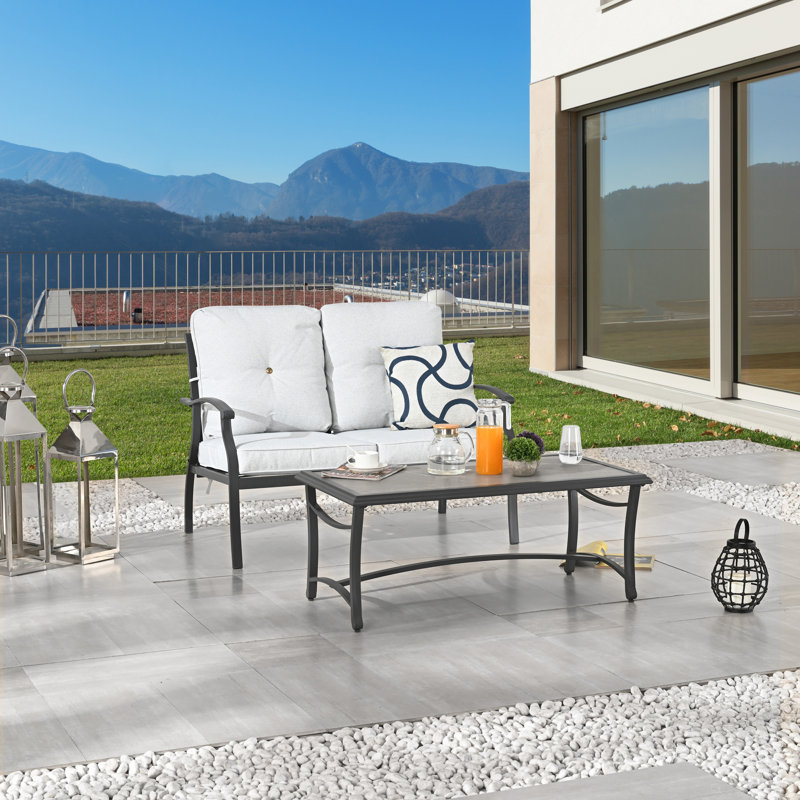 2-Piece Outdoor Conversation Set With Dark Gray Cushions, Ivory