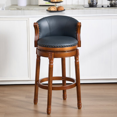 Swivel Bar Stool with Top-Grain Leather Seat, Soft Back, Rubber Wood Frame & Footrest for Kitchen, Dining, or Bar