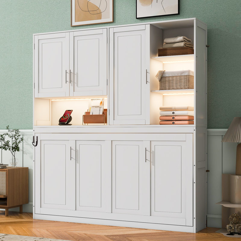 Lit escamotable simple simple avec armoire supérieure, tablettes, lit pliable peu encombrant avec lumière DEL et USB, blanc