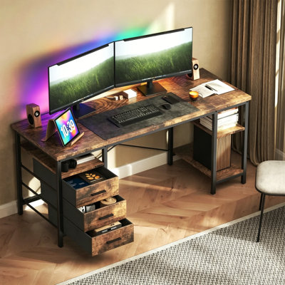 63" W Metal Base Computer Desk,Gaming Desk with 3 Fabric Drawers & Storage Shelves, Writing Work Study Desk for Home Office Bedroom, Modern Simple Student PC Desks Table