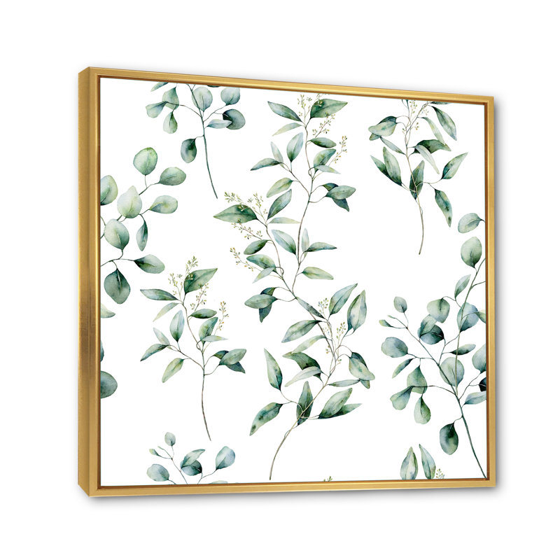 «Eucalyptus Branches On White I», reproduction d'art sur toile traditionnelle, Cadre flottant doré