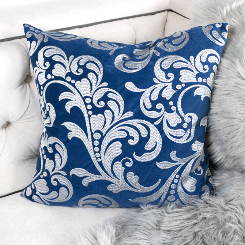 Holiday Floral Embroidered Velvet Throw Pillow, Blue/Silver